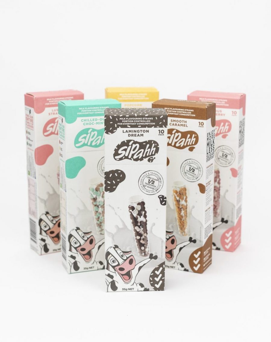 Milk-flavored straws packed in different colored boxes.